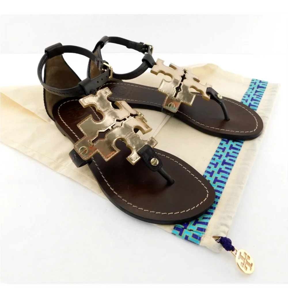 TORY BURCH Brown Leather Gold Logo Thong Ankle Strap Sandals 6.5